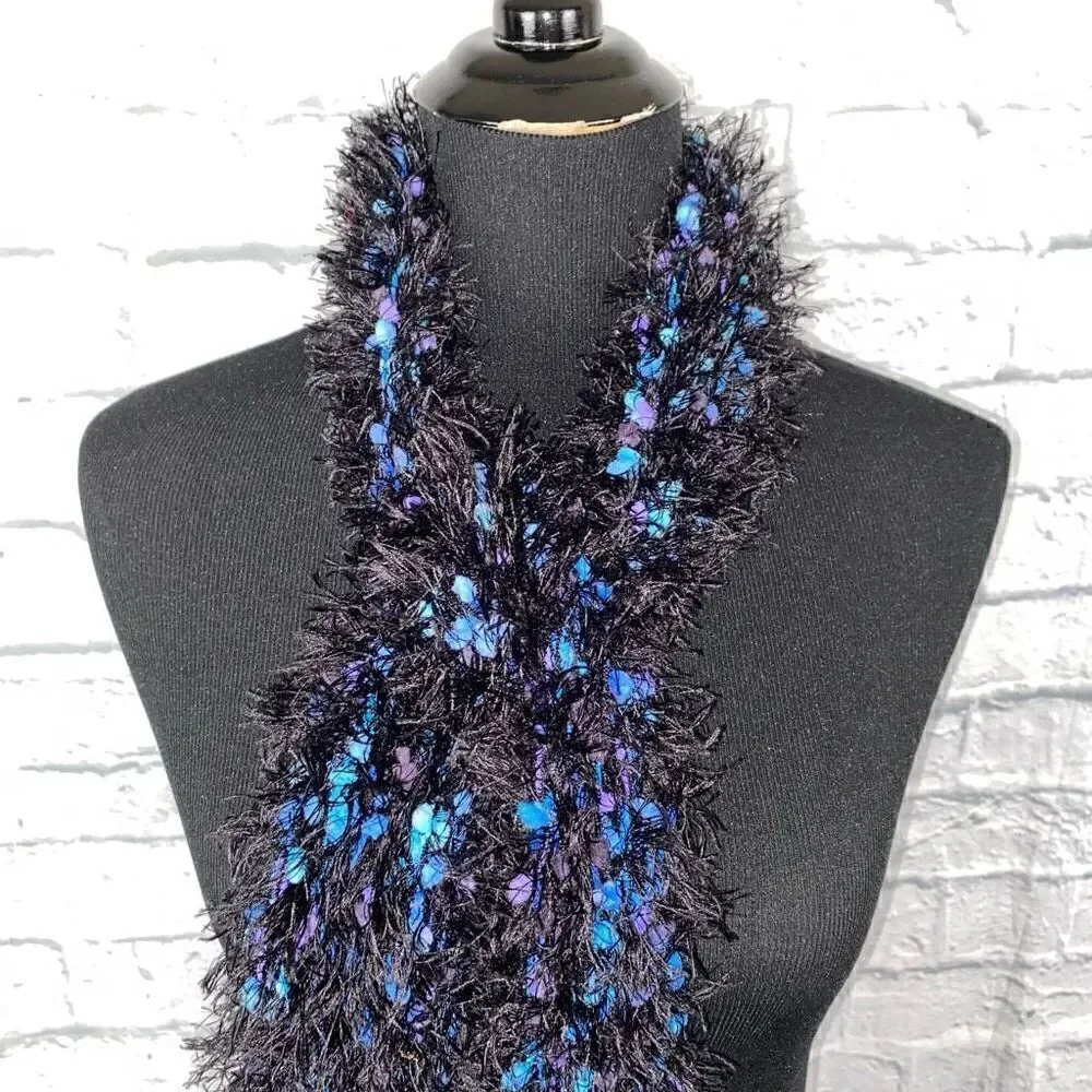 shag scarf black w/multicolor blue & purple accents one size